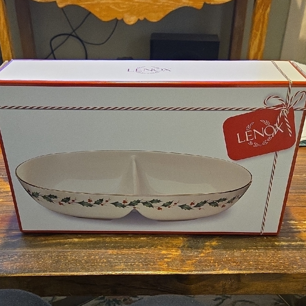 Lenox Festive Holly Divided Serving Bowl 13 Inches New In Box